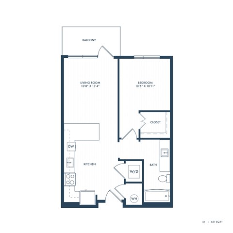 Floor plan for studio, 1 bath, 657 sqft